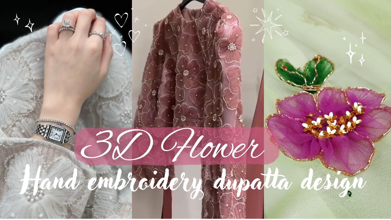 3D Net Flower Design DIY/ Embroidery With Net Fabric/ 3D Flower Hand embroidery dupatta tutorial