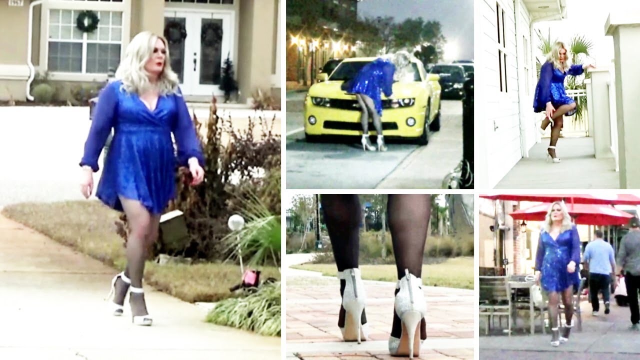 Crossdresser Tgirl Revealing Sexy Blue Sequin Minidress in Publc