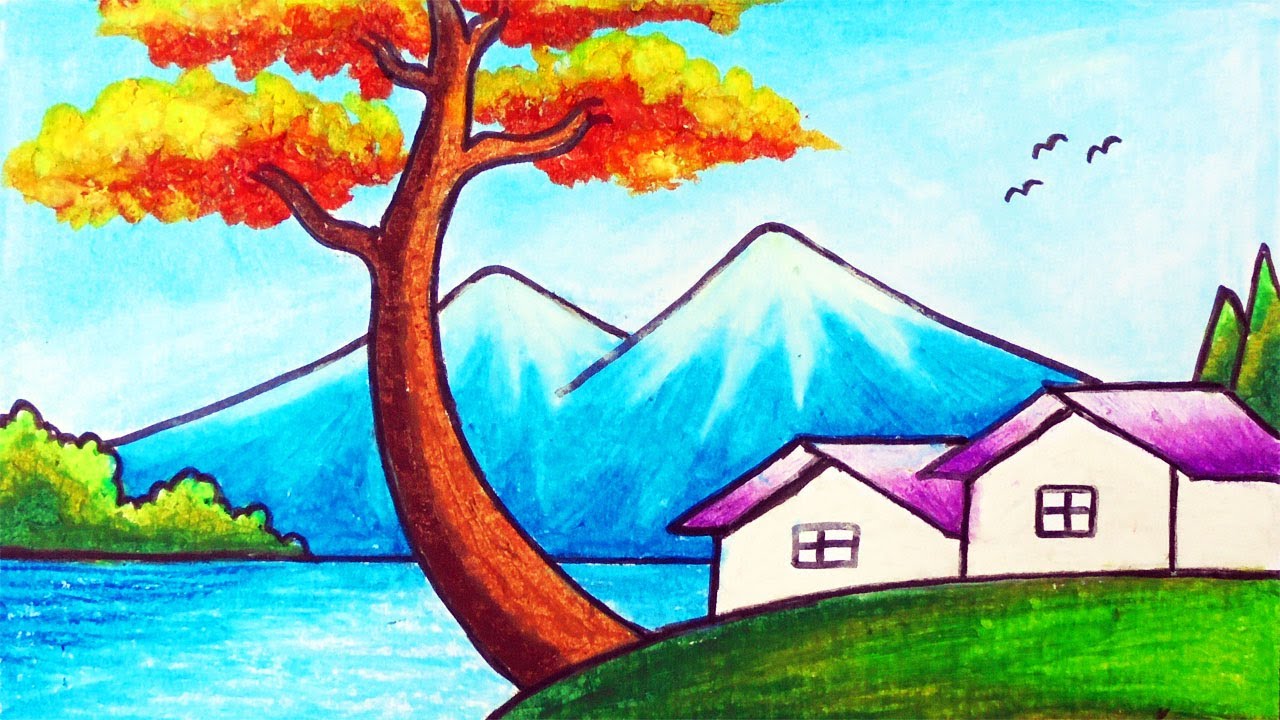 Cara Menggambar Pemandangan Alam yang Gampang | Gambar Pemandangan Desa, Danau dan Gunung