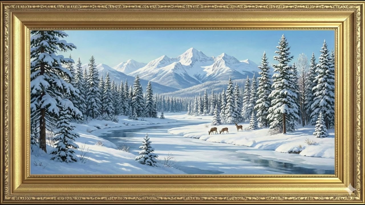 Majestic Winter River - Snowy Mountains, Forest & Deer | TV Wallpaper | Loop Art (No Music)