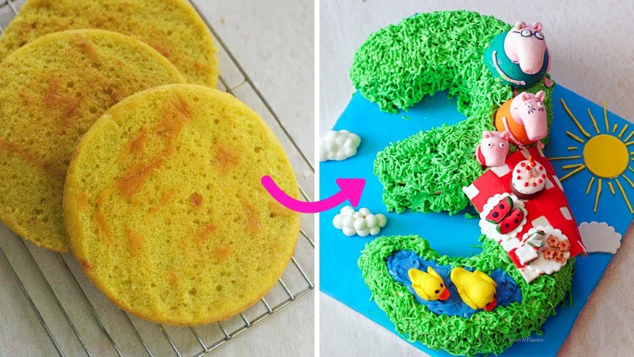 Number 3 Peppa Pig Birthday Cake | Round cake to Number Cake