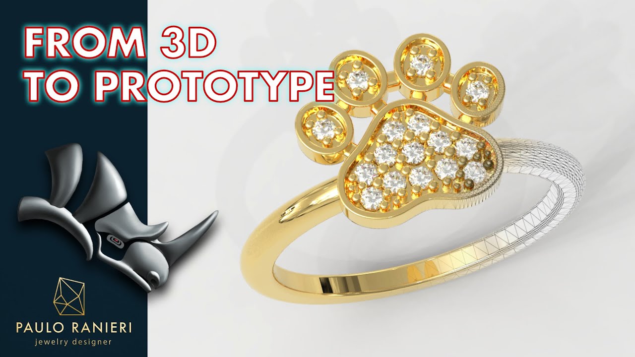 Кольцо в виде лапки питомца с бриллиантом — от 3D-модели до прототипа (ювелирные изделия, напечат...