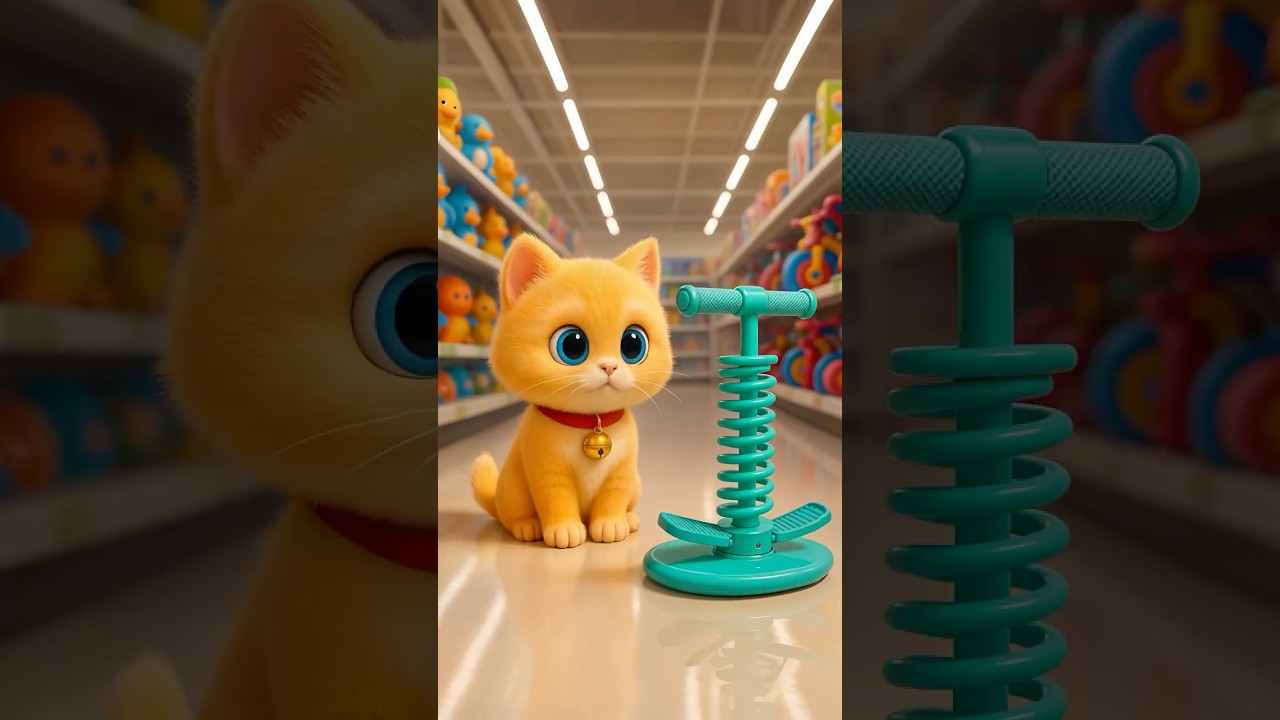 Adorable Yellow Kitten Overcomes Shyness and Finds Joy with a Pogo Stick Friend! 💛 #cute #cat #spla9