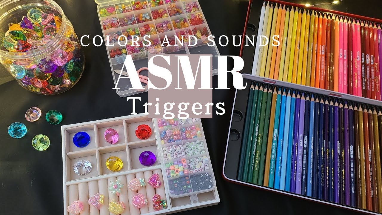 ASMR Colorful Triggers, Sorting colors, Beads, Pencils, Diamonds, Jewelry box, for sleep or relaxing
