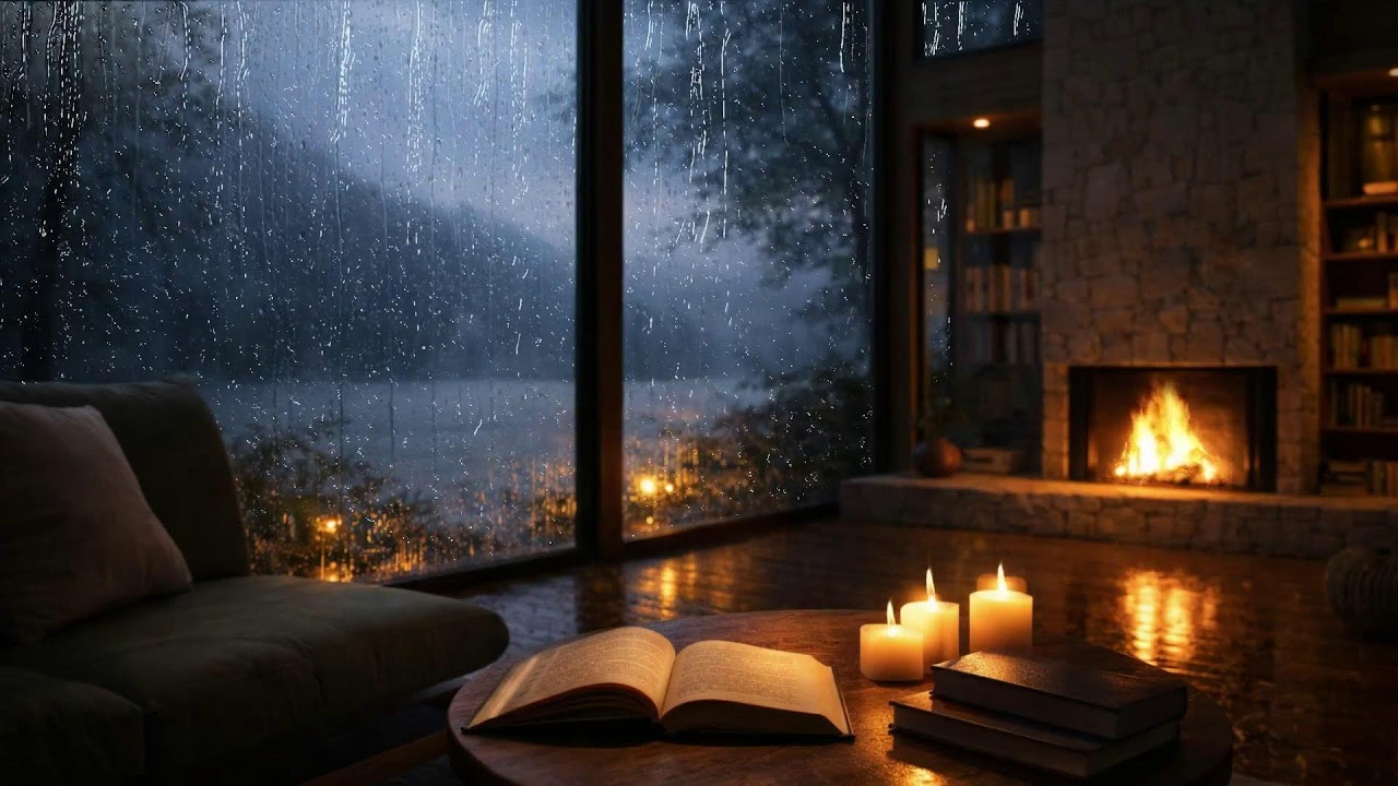 Rainy Lake House Jazz 🌙 Relaxing Fireplace Ambience
