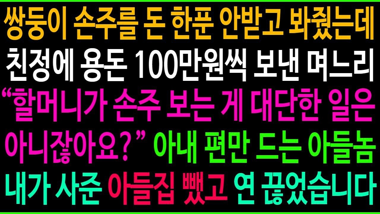 쌍둥이 손주를 공짜로 봐줬는데 알고보니 아들 며느리가 친정에 용돈 100만원씩 보내고 있었네요  아내 편만 드는 아들을 보고 내가 사준 아들집 뺐고 연 끊었습니다