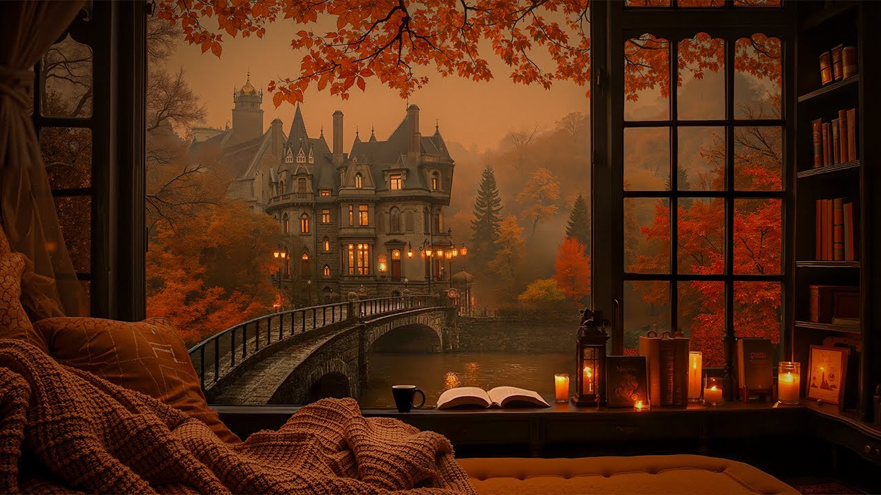 Cozy Window Reading Nook By the Lake | Haunted Castle in Autumn Mist | Dark Academia Piano Playlist