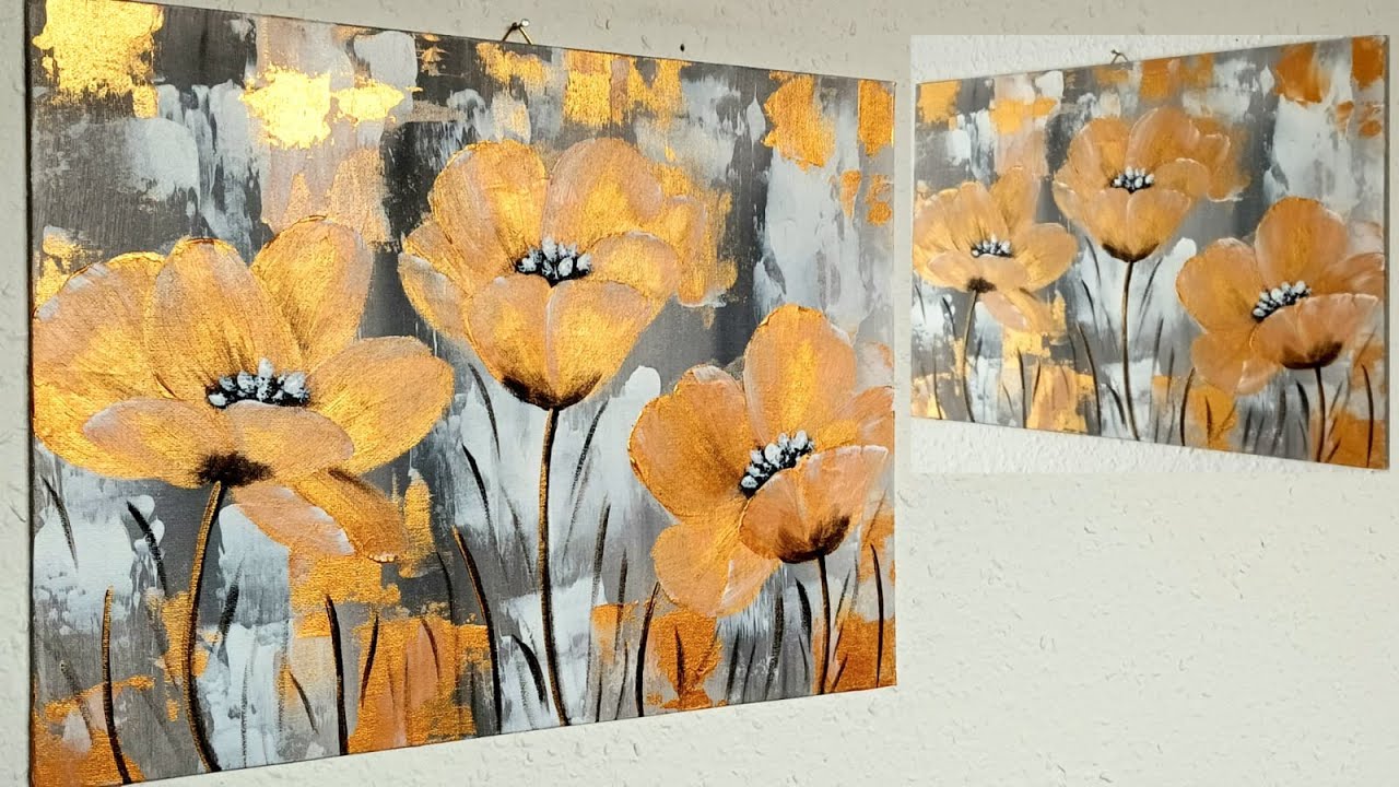 Blumen Malen Acryl Gold Schritt für Schritt Anfänger- Flowers Acrylic Painting Gold Step by Step