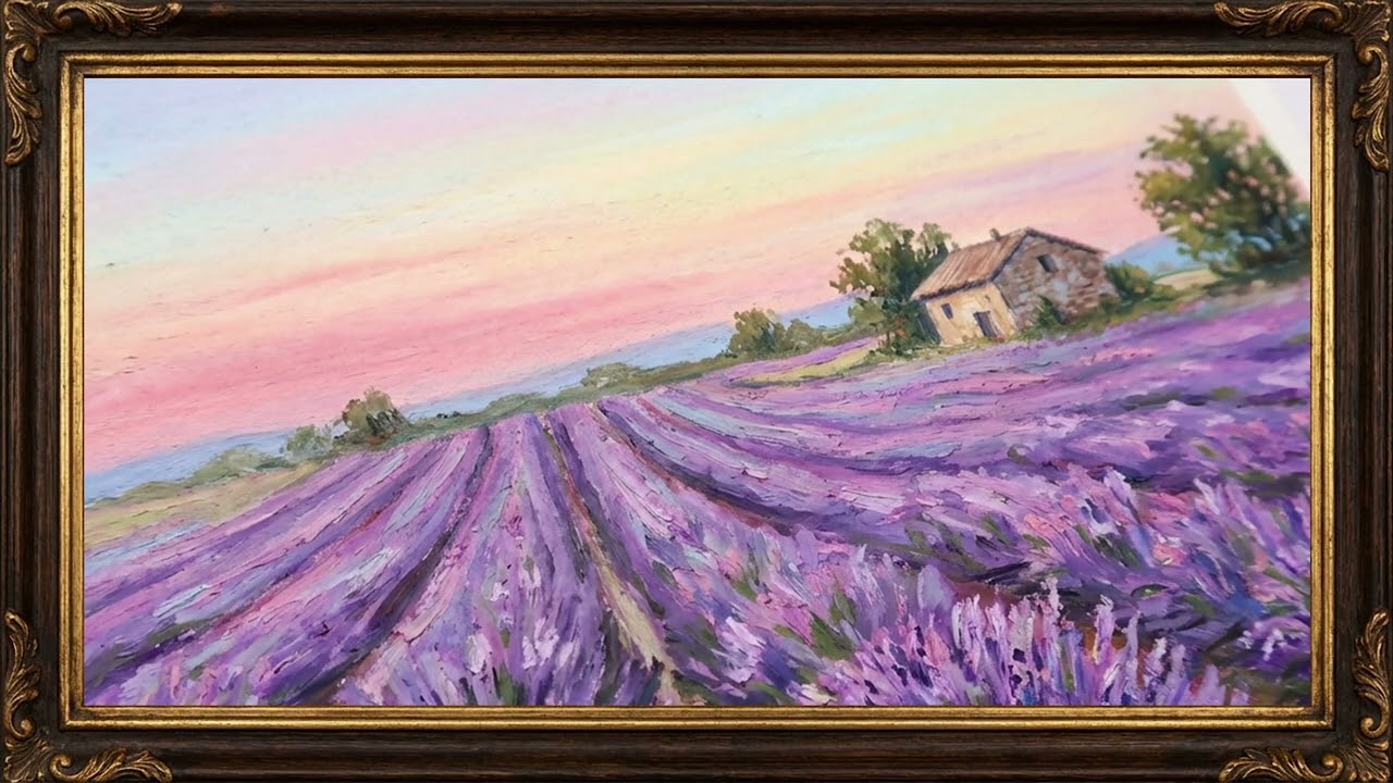 Lavender Horizon Dream | Rustic Countryside Sunset | Pastel Farmhouse & Blooming Fields (4K Framed )