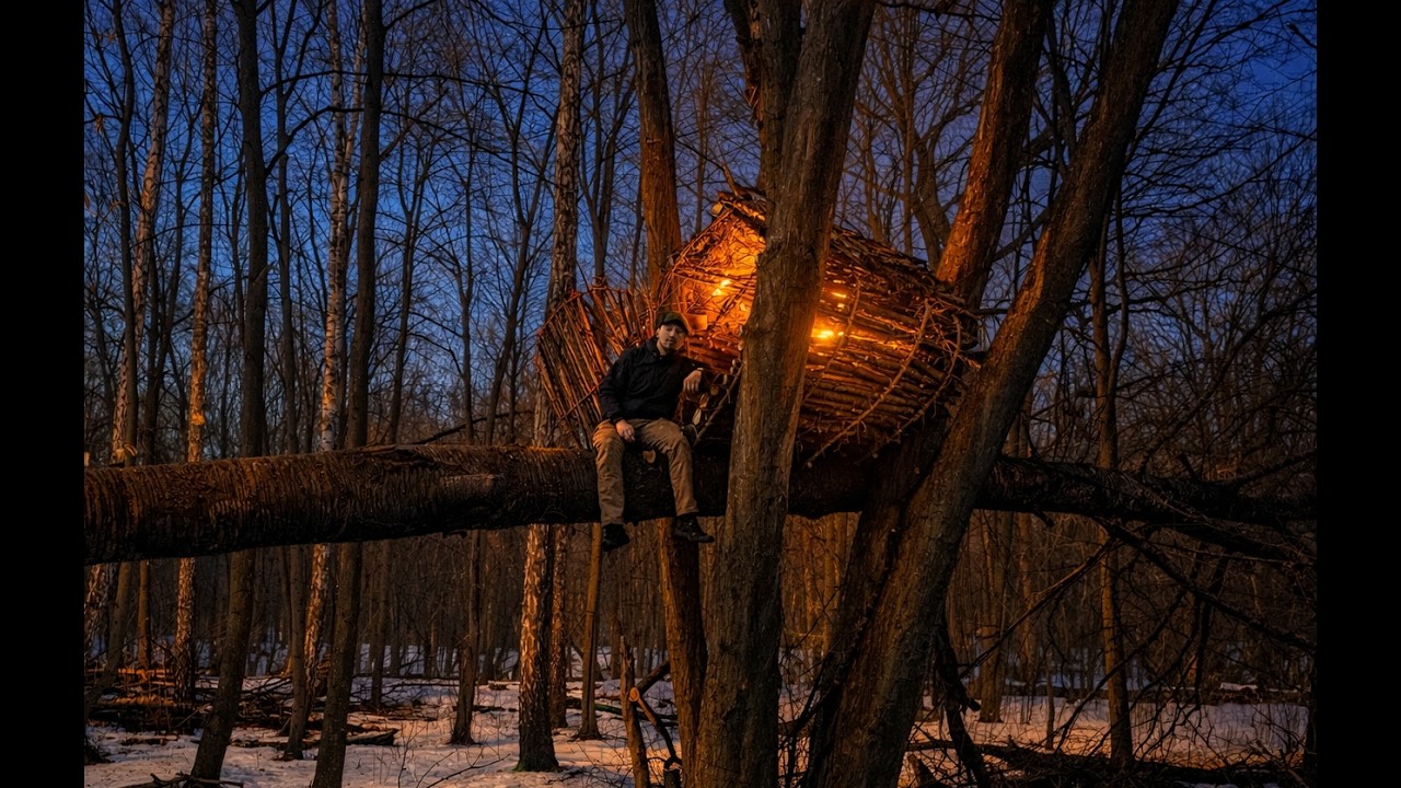 Alone in the Spring Forest | Building a Bushcraft Shelter on a Fallen Tree