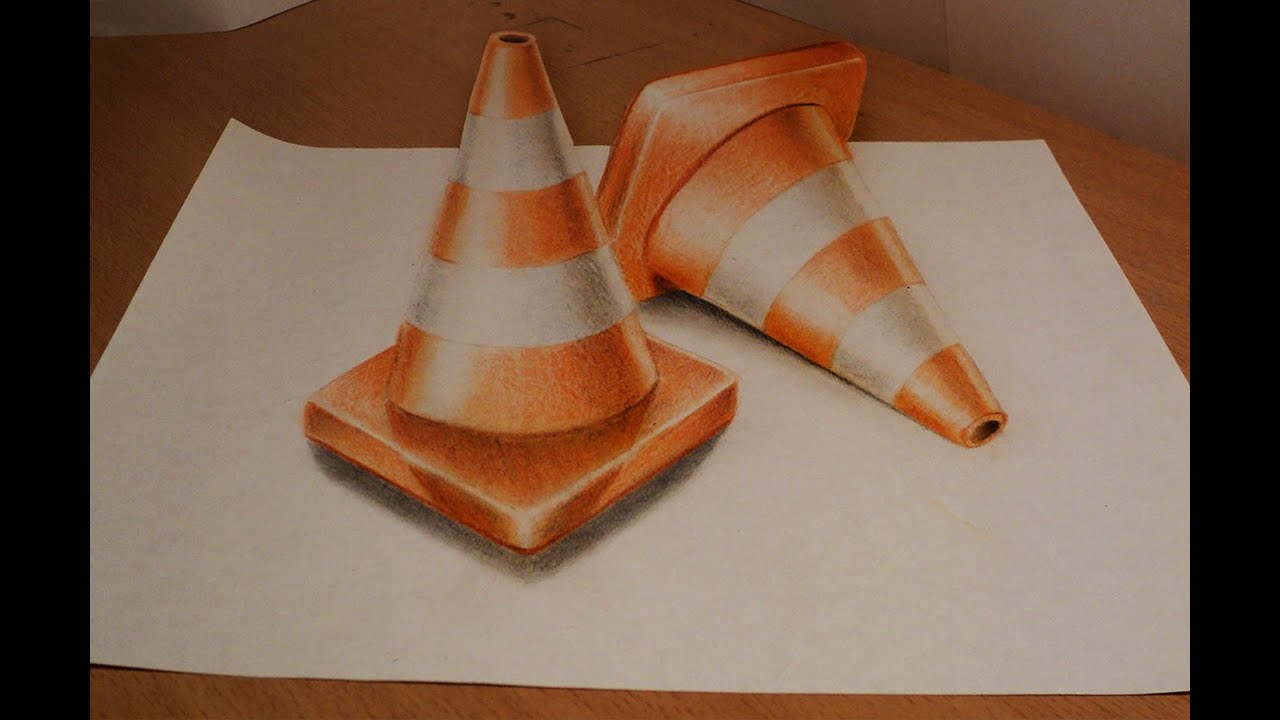 Draw 3d traffic cone - Anamorphic Drawing - Optical illusion