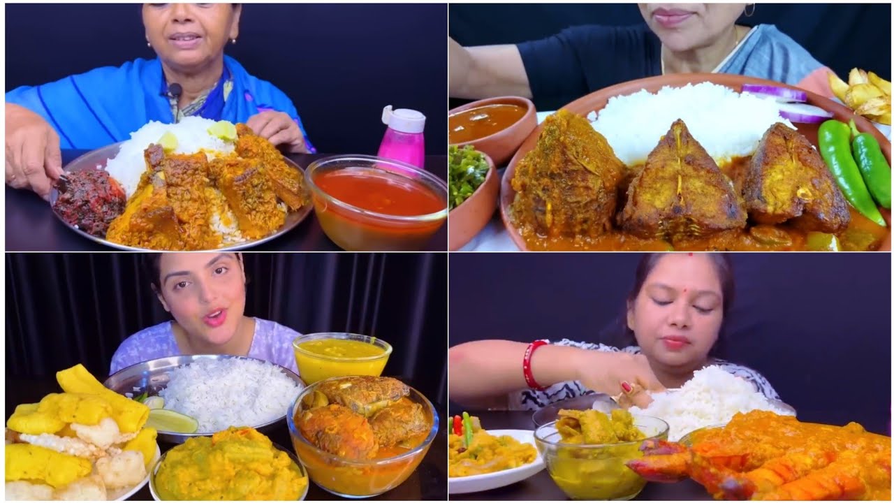 MUKBANG SHOW 👌 EATING RICE 🔥🥵 SPICY FISH CURRY CHINGRI MALAI CURRY ALU POSTO LAL SAG BHAJI PAPAD 👌