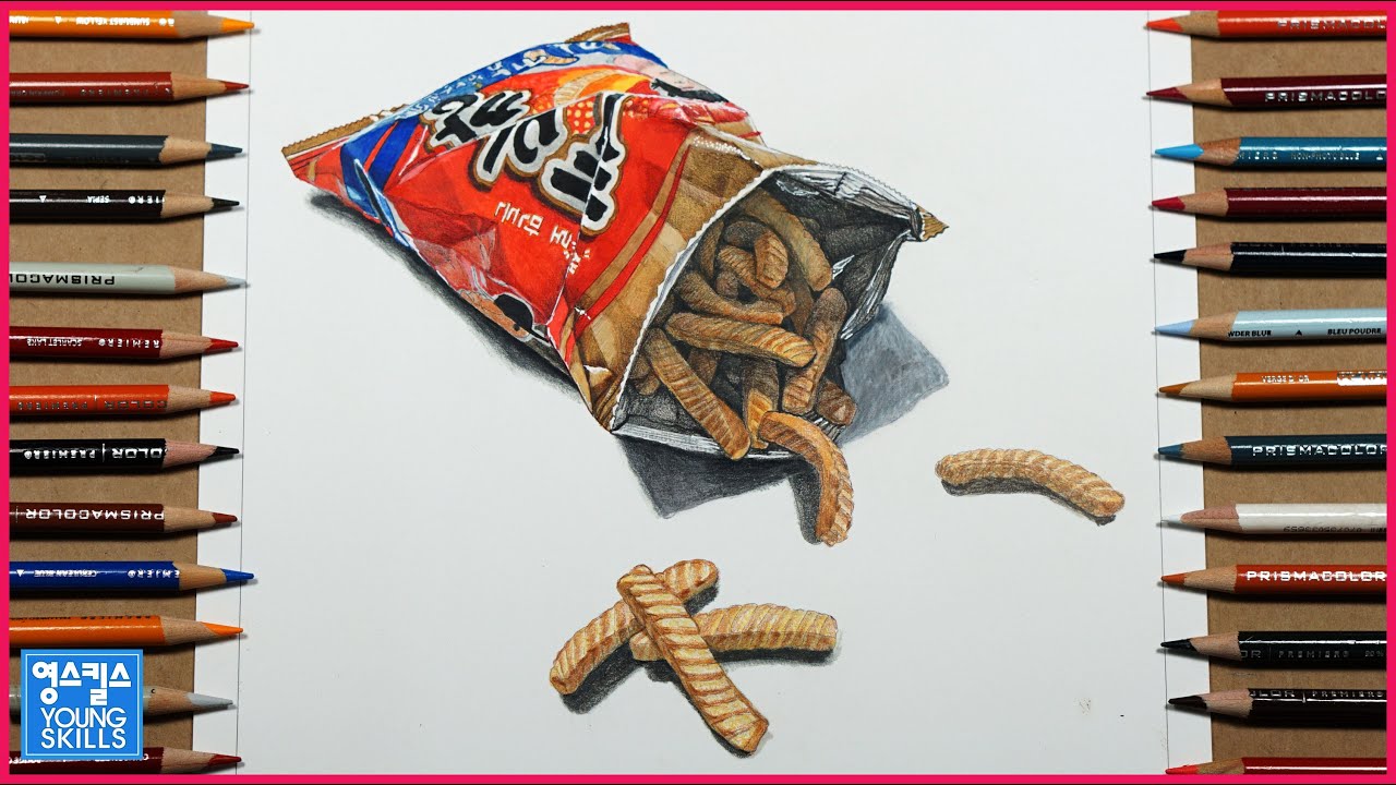 Saewookkang Korean snack Drawing 새우깡 색연필 손그림 | 영스킬스 3주년