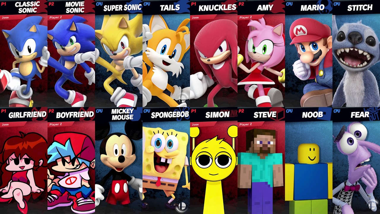 Sonic vs Mario vs SpongeBob vs Mickey vs Steve vs Roblox vs Minecraft | Super Smash Bros Ultimate
