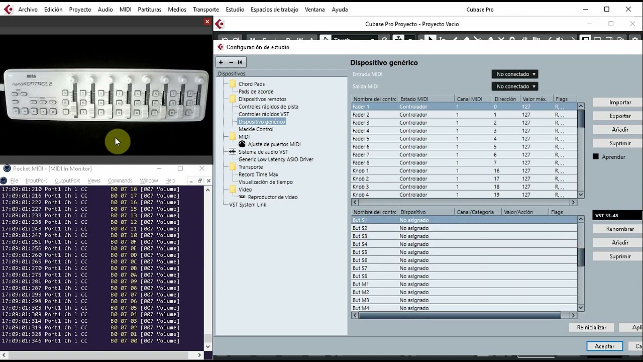 Control de Cubase con el NanoKorg2: configuración manual a través de Dispositivo genérico