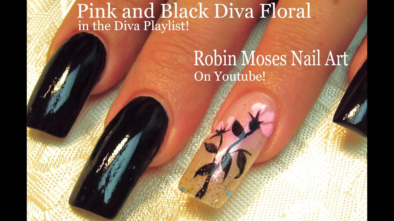 Easy Long Nails Tutorial - DIY Black With Pink Flower Nail Art