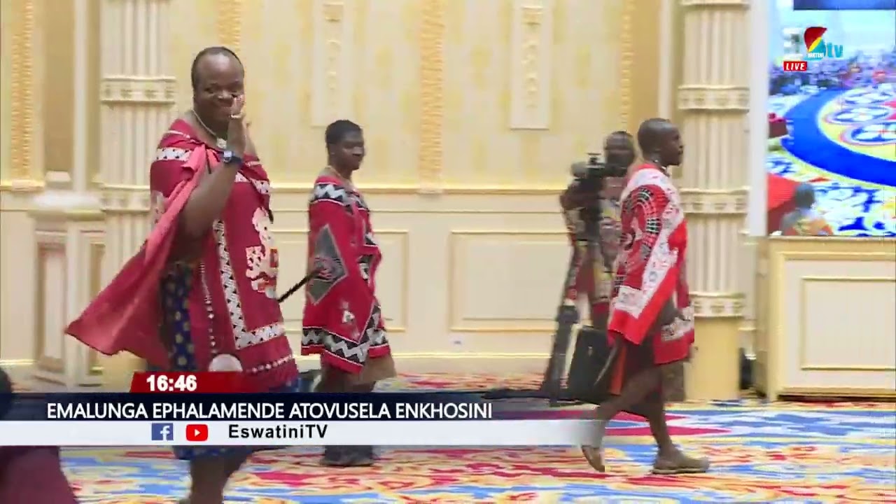 His Majesty King Mswati lll entering the Mandvulo Grand Hall for the second day of the courtesy call