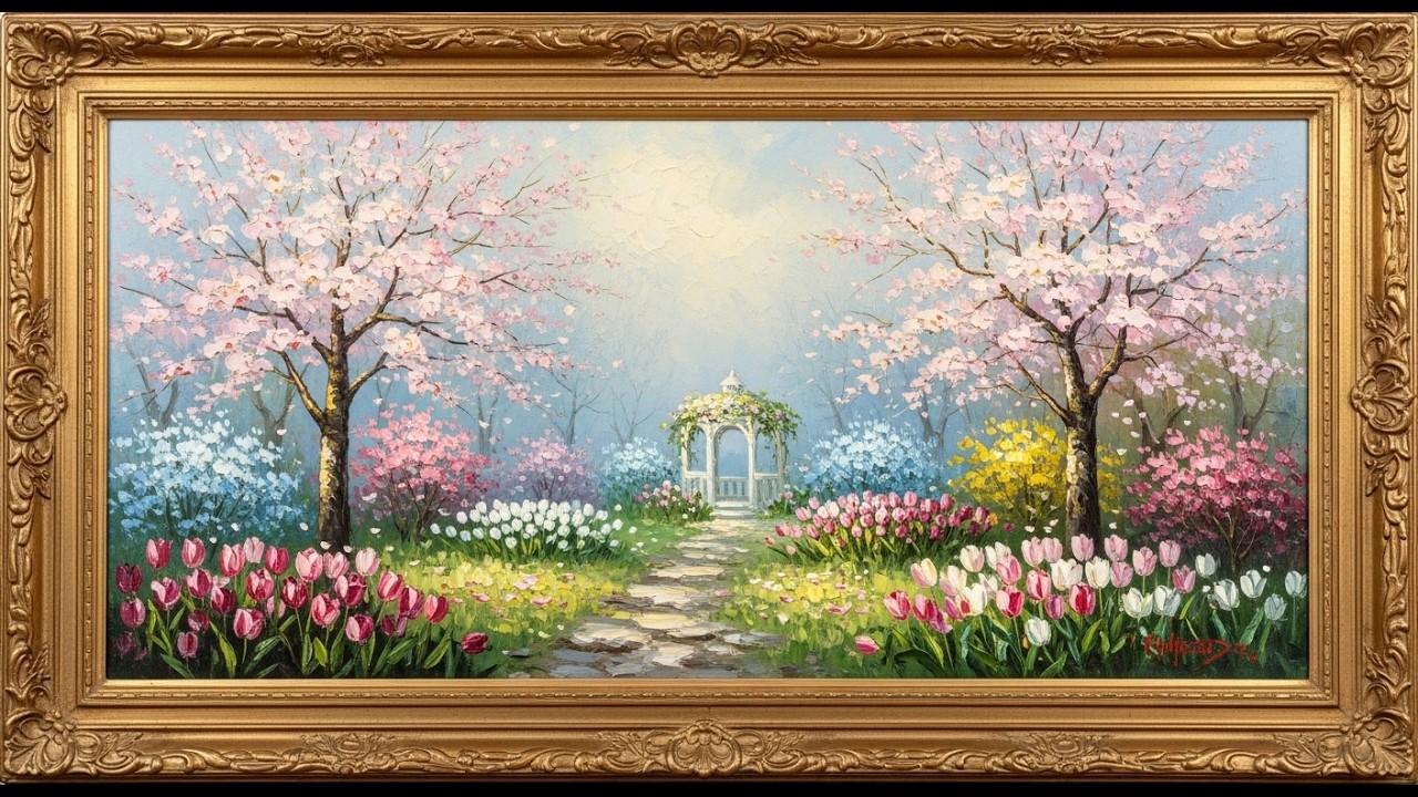 Vintage Spring Garden Gazebo | Samsung Frame TV Art | 4K Impressionist Floral Painting