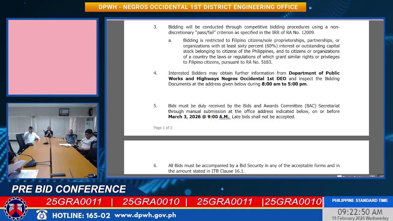 Procurement Livestream for DPWH Negros Occidental 1st DEO on February 18, 2026
