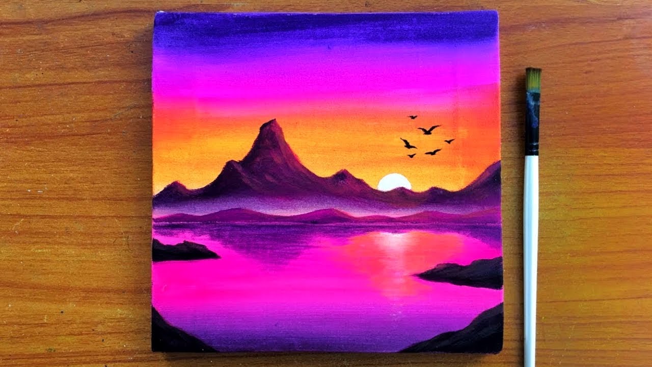 Violet Sunset Scene Painting for beginners | Acrylic Painting Sunset | Canvas Painting