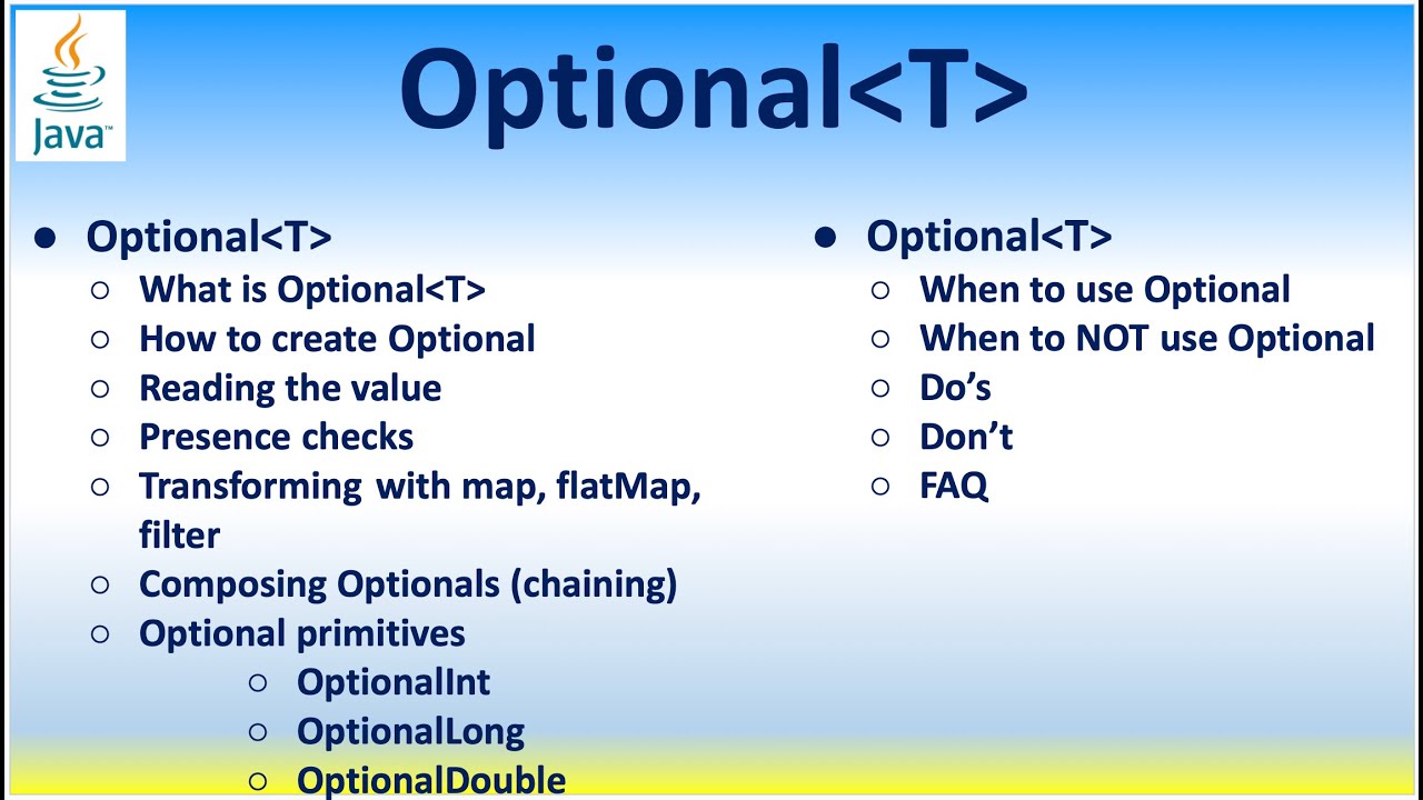 Java Optional: как создать, чтение значения, проверка наличия, композиция Optional, цепочка прими...