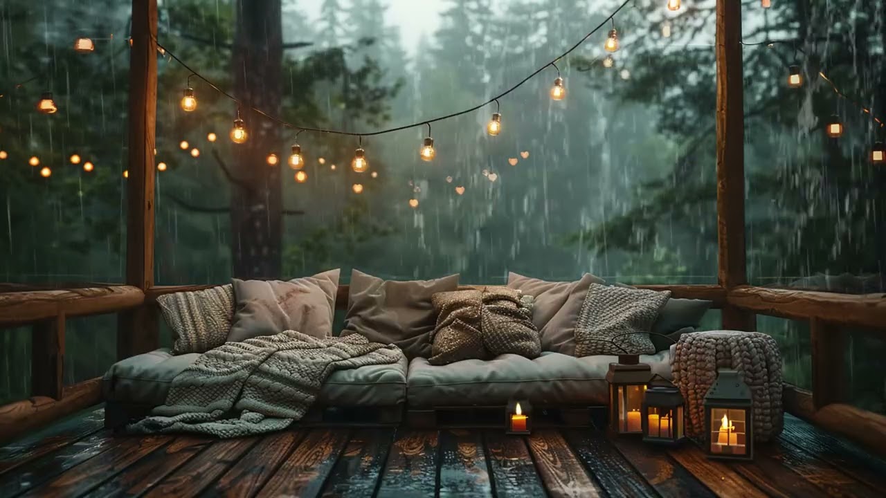 ASMR Cozy Winter Rain Heard from a Balcony Above the Forest with Gentle Candle Glow