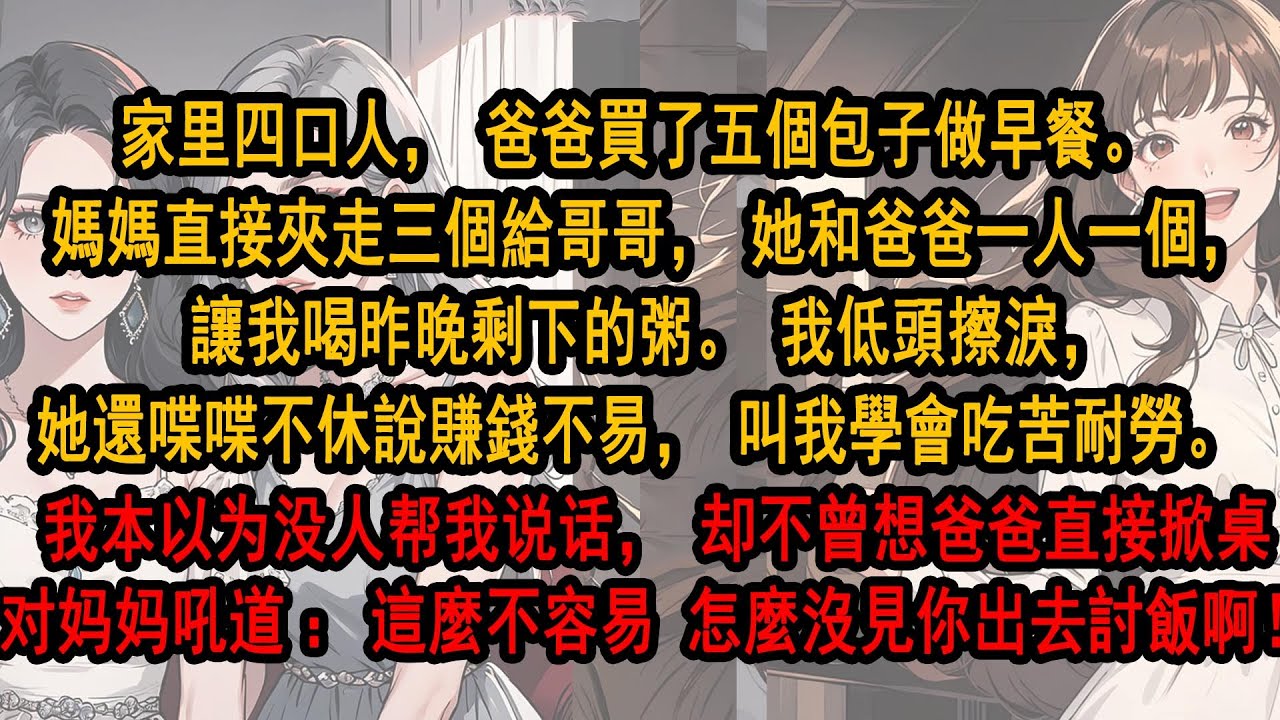 家里四口人，爸爸買了五個包子做早餐。 媽媽直接夾走三個給哥哥，她和爸爸一人一個，讓我喝昨晚剩下的粥。 我低頭擦淚，她還喋喋不休。 却不曾想爸爸直接掀桌对妈妈吼道：這麼不容易，怎麼沒見你出去討飯！