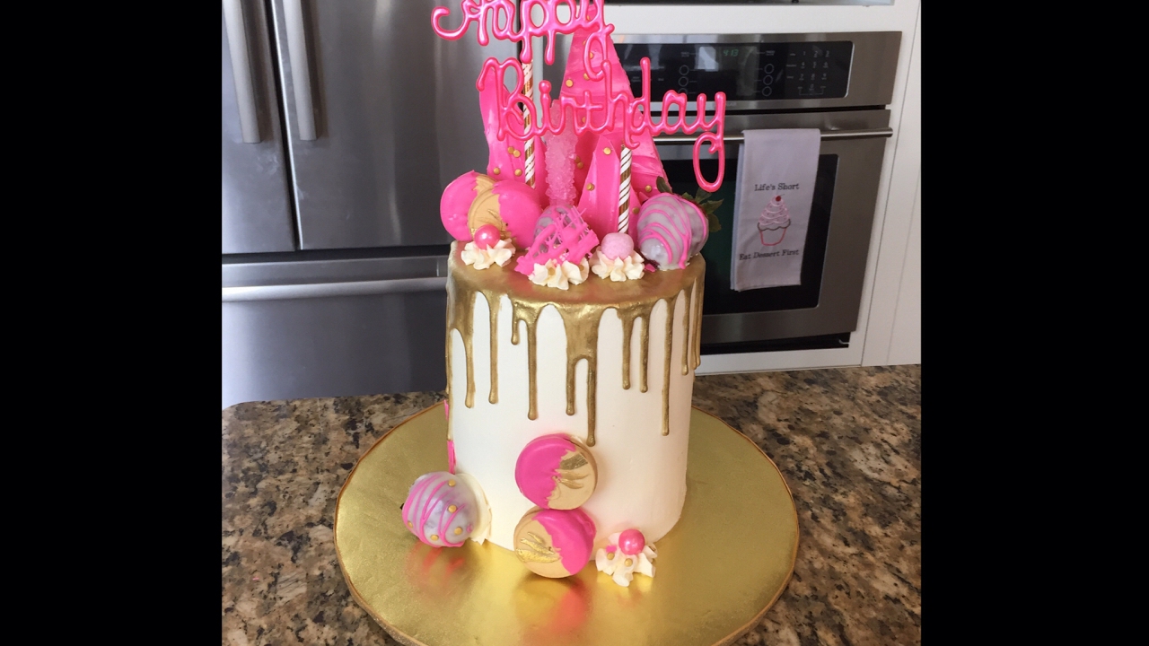 Pink and Gold Drip Cake Tutorial