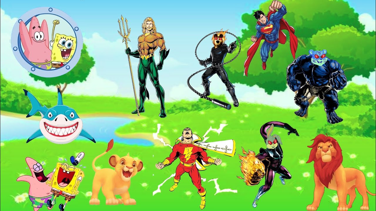 حواديت مجمعه الأسد سيمبا والابطال الخارقون ينقذوا الغابه/سبونج بوب وسيمبا/فلاش/سوبرمان/اكوا مان