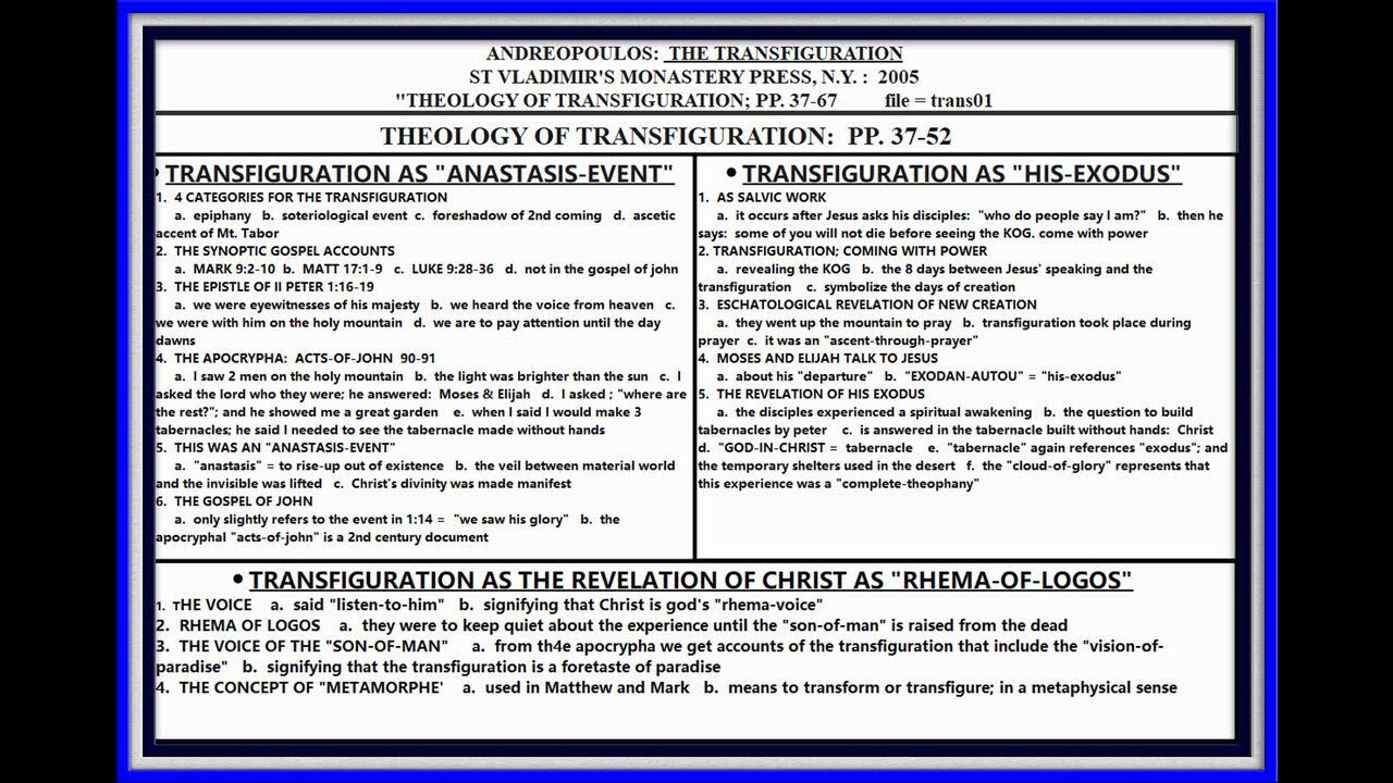 ANDREOPOULOS:  THE TRANSFIGURATION; PP. 37-52; THEOLOGY OF TRANSFIGURATION; LESSON #01