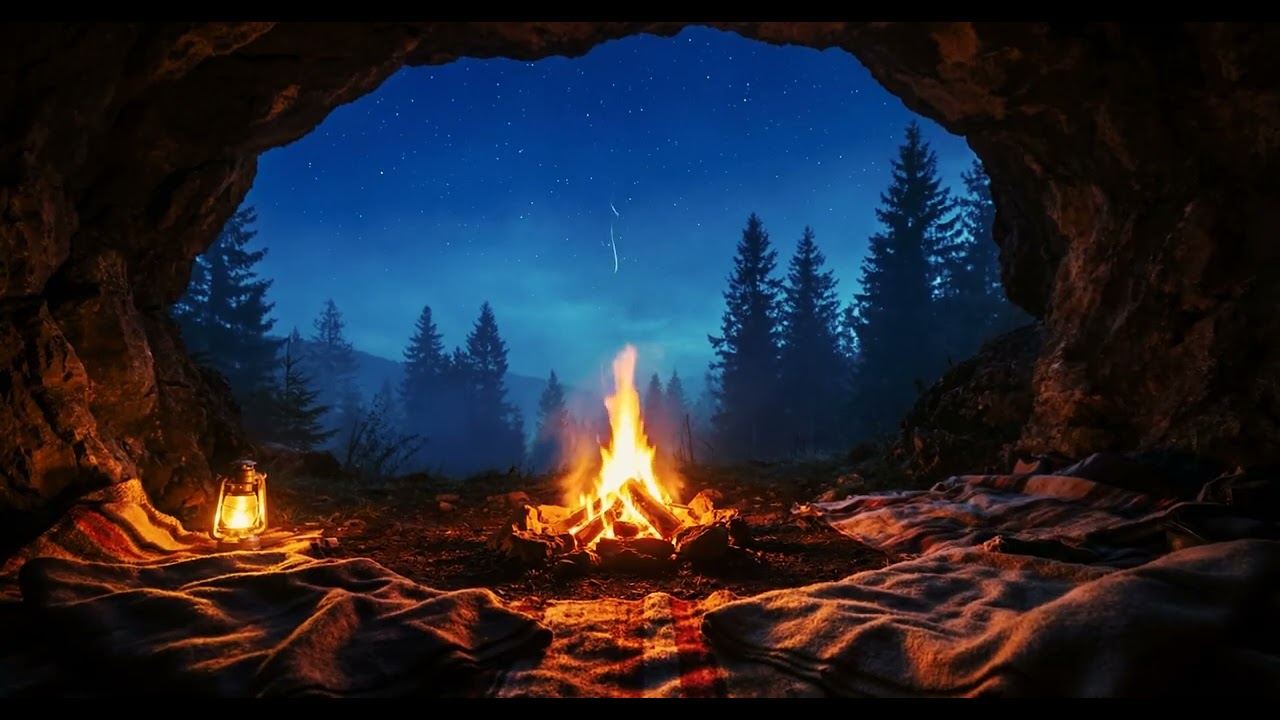 (No Ads) 5 Hours of Cozy Cave Ambience: Soft Winds & Crackling Campfire for Sleep | 4K