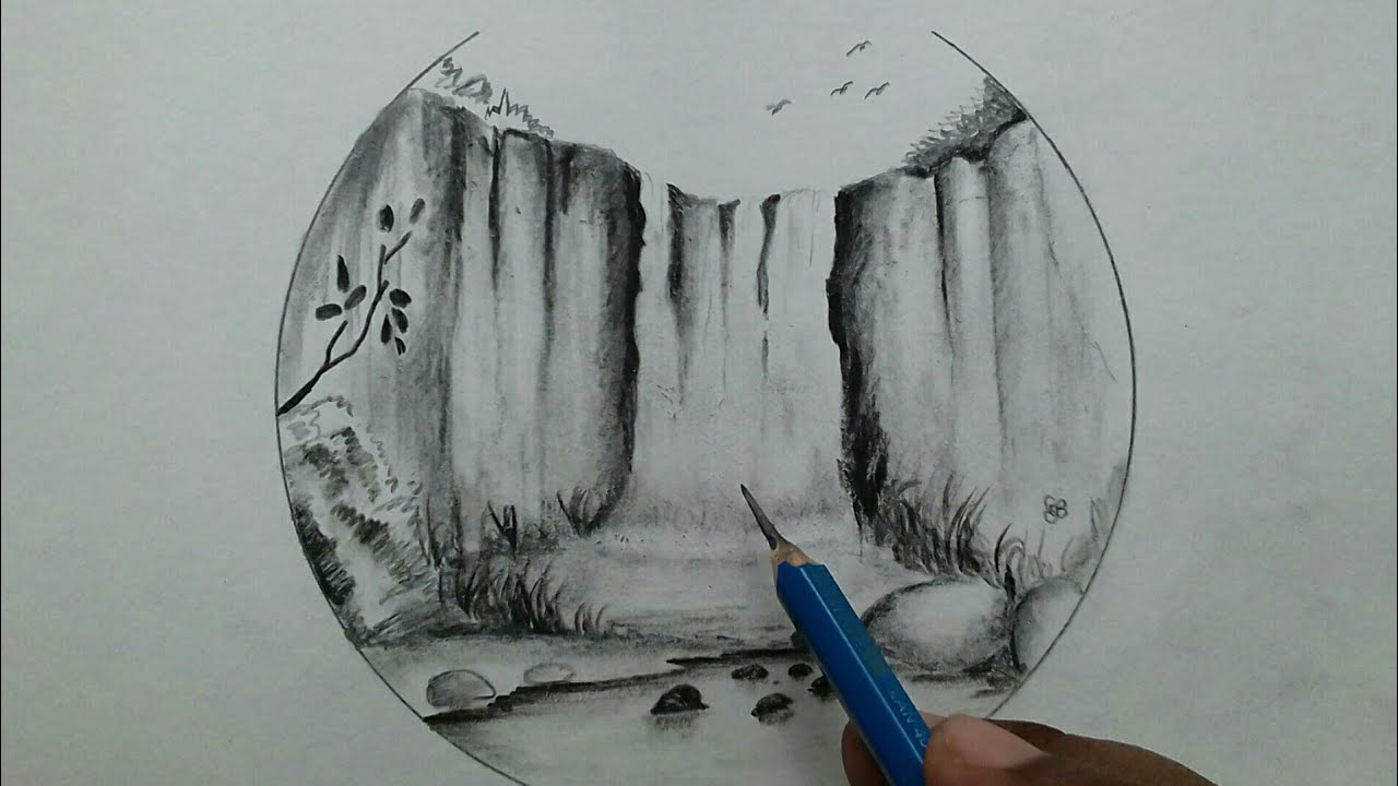 Waterfall drawing step by step with pencil / landscape sketch easy