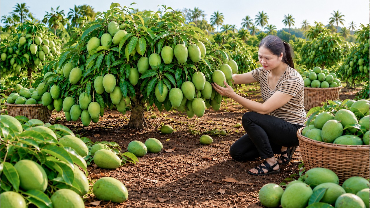 Harvesting Organic Green Mangoes to Sell at Village Market | Fresh Fruit in Big Demand