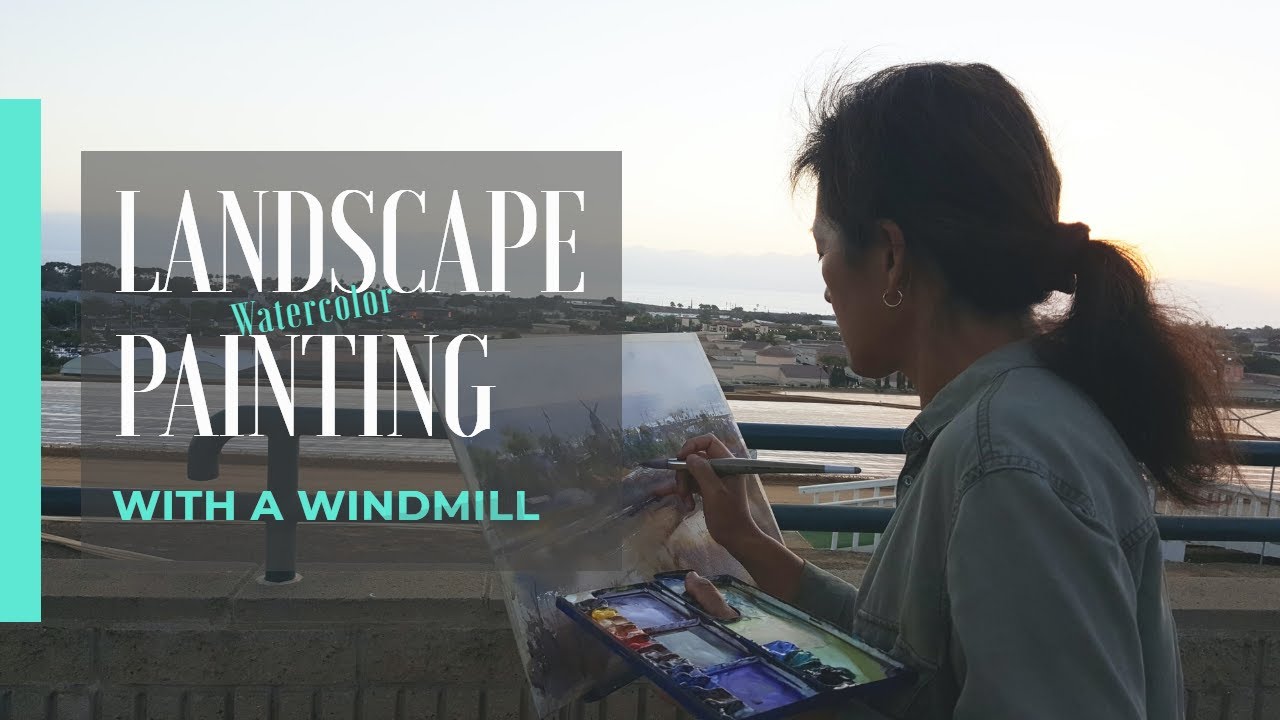 California Landscape with a Windmill, Plein Air Painting in Watercolor, by Keiko Tanabe