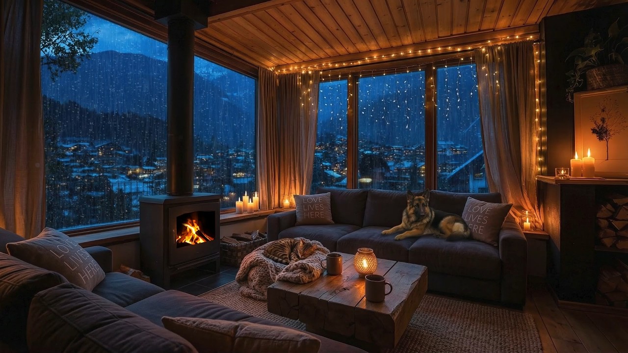 Thunderstorm Night in a Cozy Cabin ⛈️🔥 | Rain, Lightning, Fireplace & Sleeping Cats Ambience