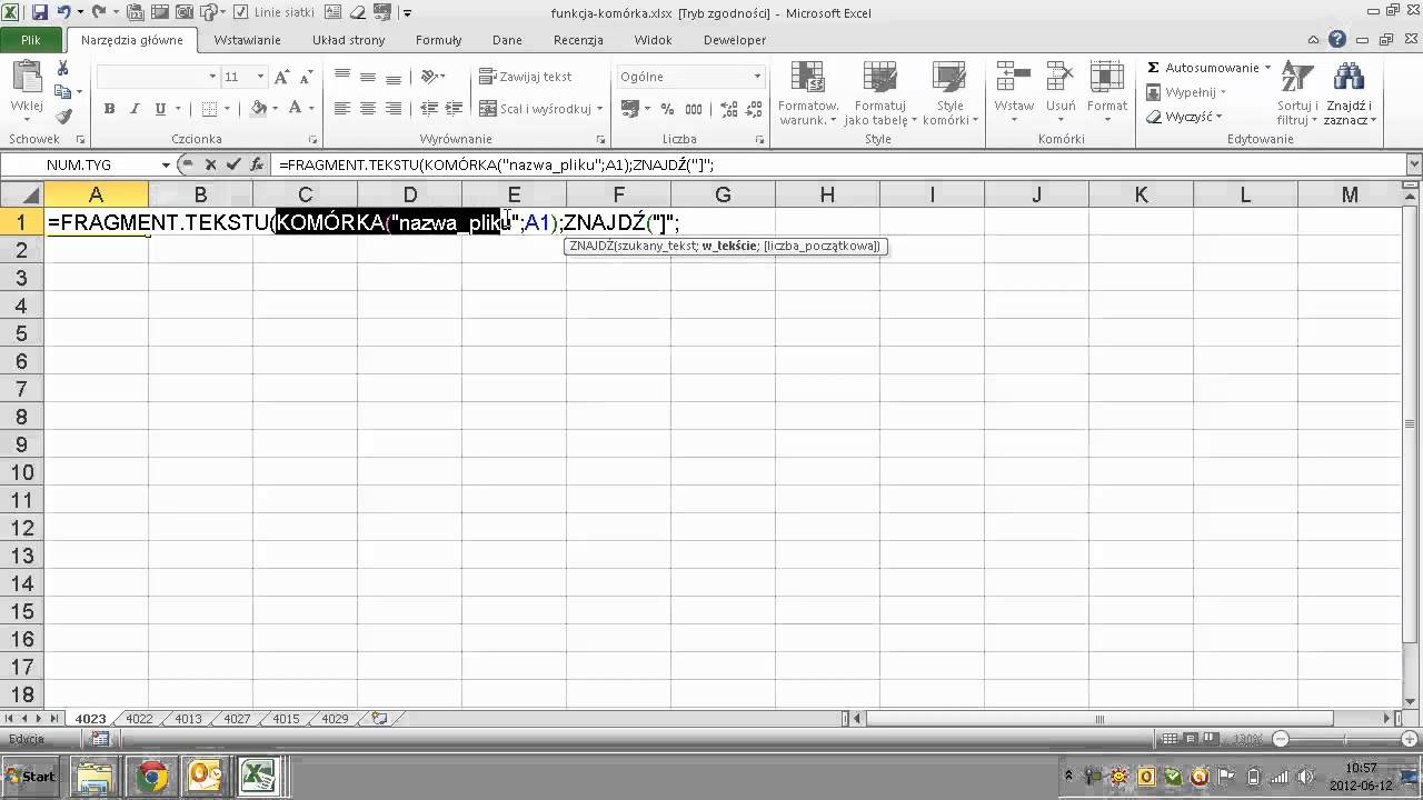 excel-009 - Wstawianie nazwy arkusza do komórki - KOMÓRKA, FRAGMENT.TEKSTU, ZNAJDŹ