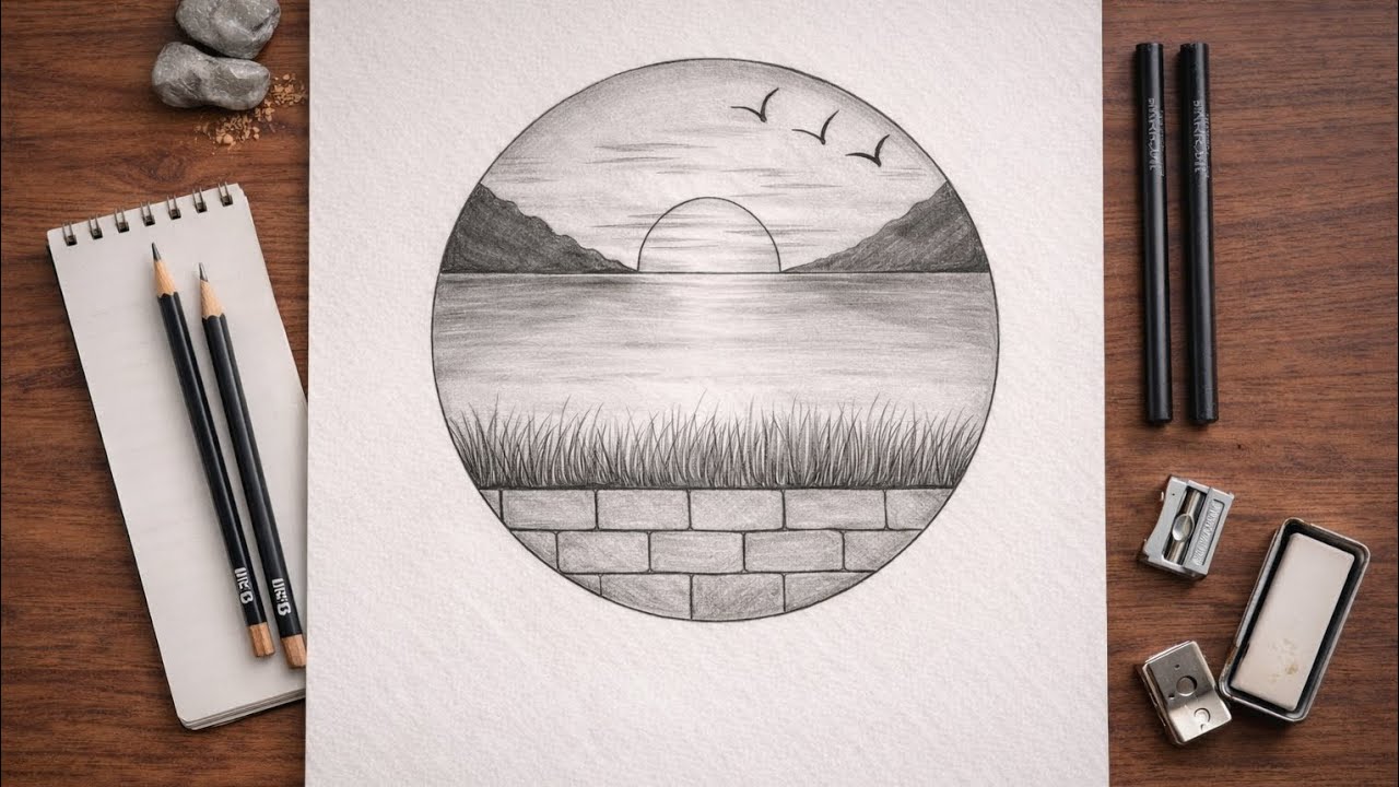 Easy Scenery Drawing in Circle | Circle Scenery Drawing Step by Step (For Beginners)
