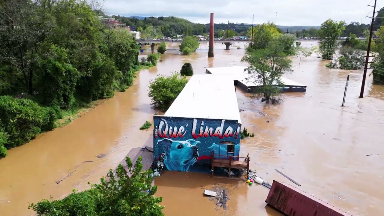 Aerial footage of Hurricane Helene's Devastation in Asheville, NC