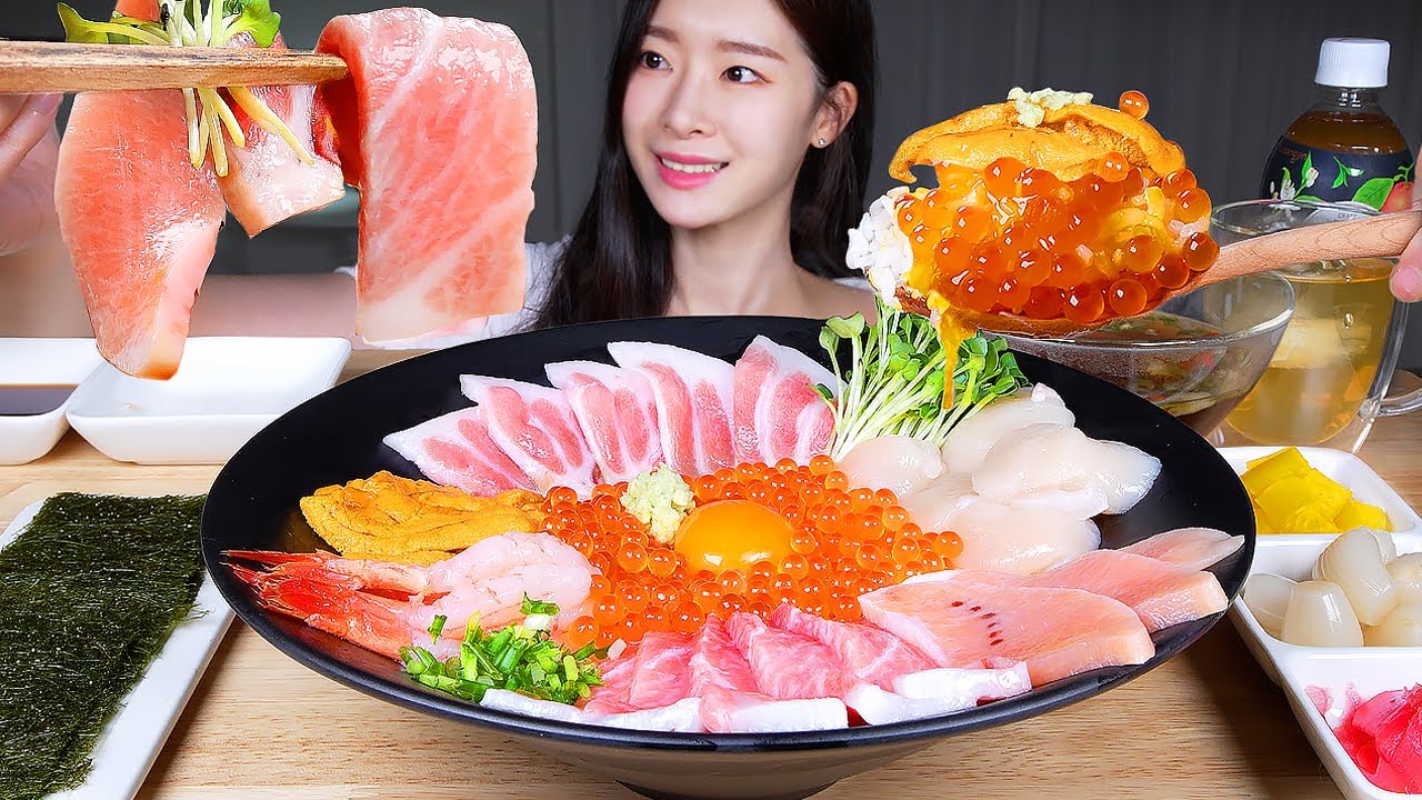 ASMR MUKBANG | Чаша с рисом из свежих морепродуктов (Кайсендон) Sashimi Party🥳 Тунец Лосось Креветки