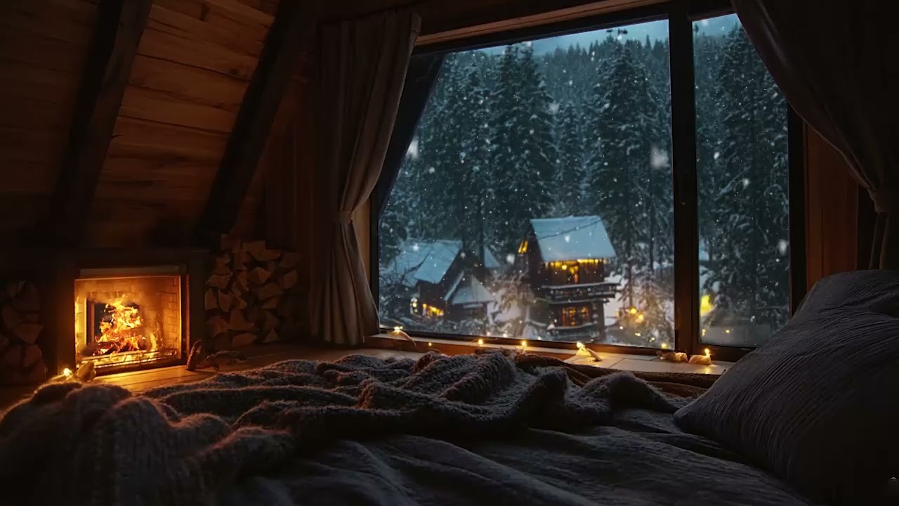 Winter Cabin Night Ambience ❄️| Crackling Fireplace, Snowfall & Wind for Deep Sleep & Relieve Stress