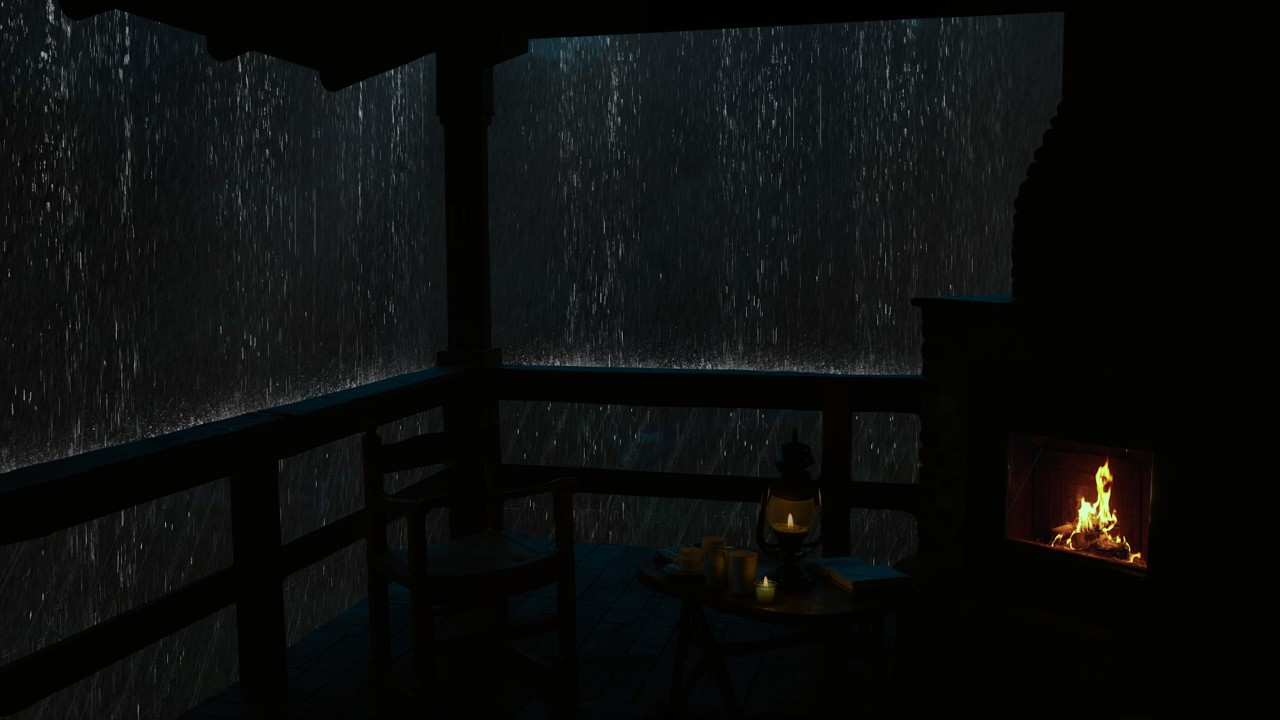 Rain lashes a dark forest cabin, fireplace flickers warmly. A cozy study sanctuary awaits.