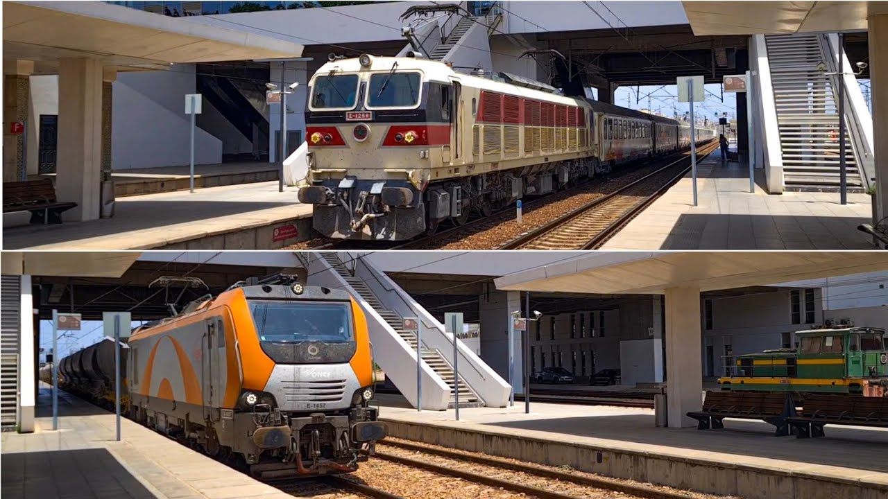 ONCF E-1258 départ de Casa Voyageurs + arrêt du train de phosphates assuré par E-1457! ✌🏼(1080p60)
