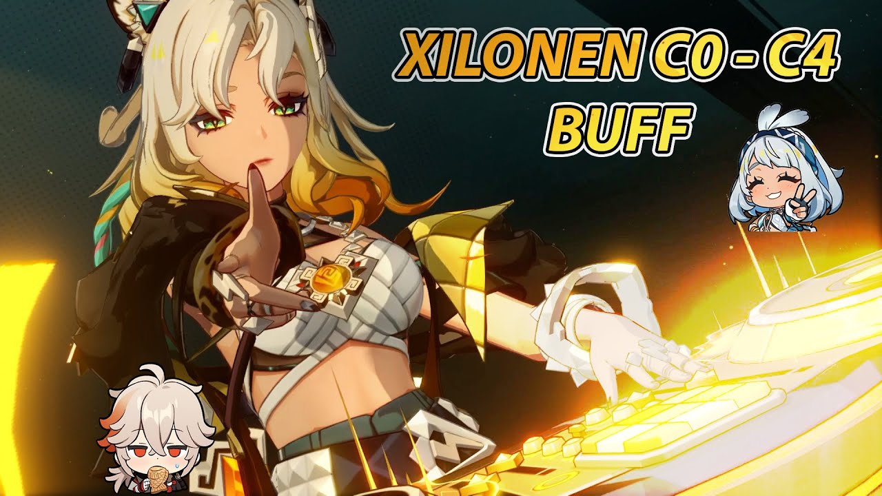 Xilonen C0 to C6 (C4) vs Kazuha C2 buff comparison with Mualani
