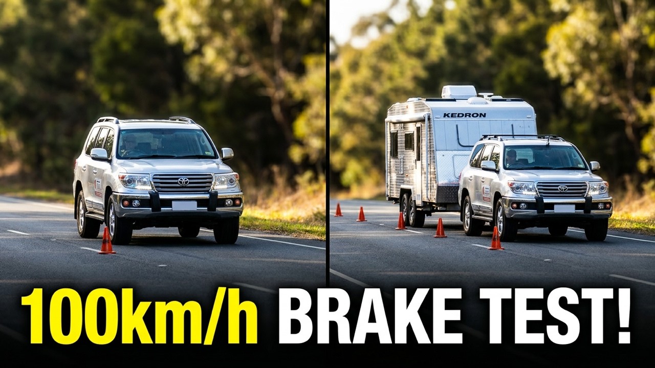 EMERGENCY100km/hr BRAKE COMPARISON - LANDCRUISER TOWING KEDRON CARAVAN vs LANDCRUISER