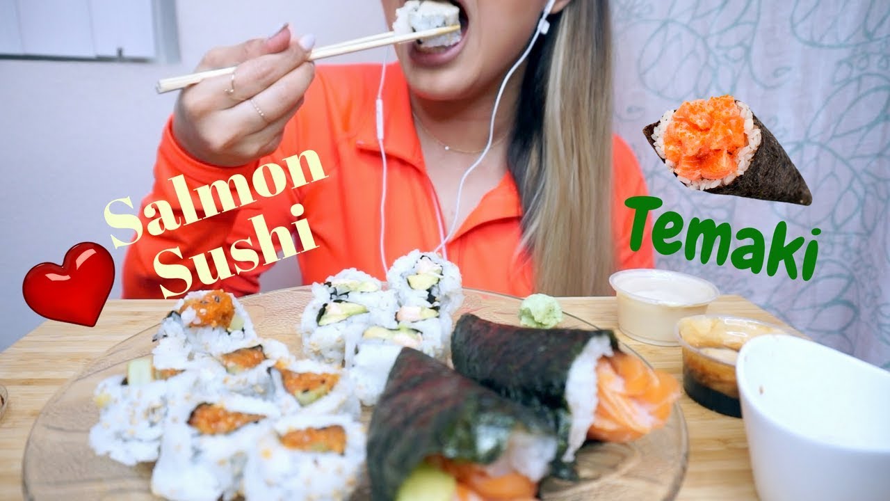ASMR Salmon Sushi and Temaki | Eating Sounds and Whispering