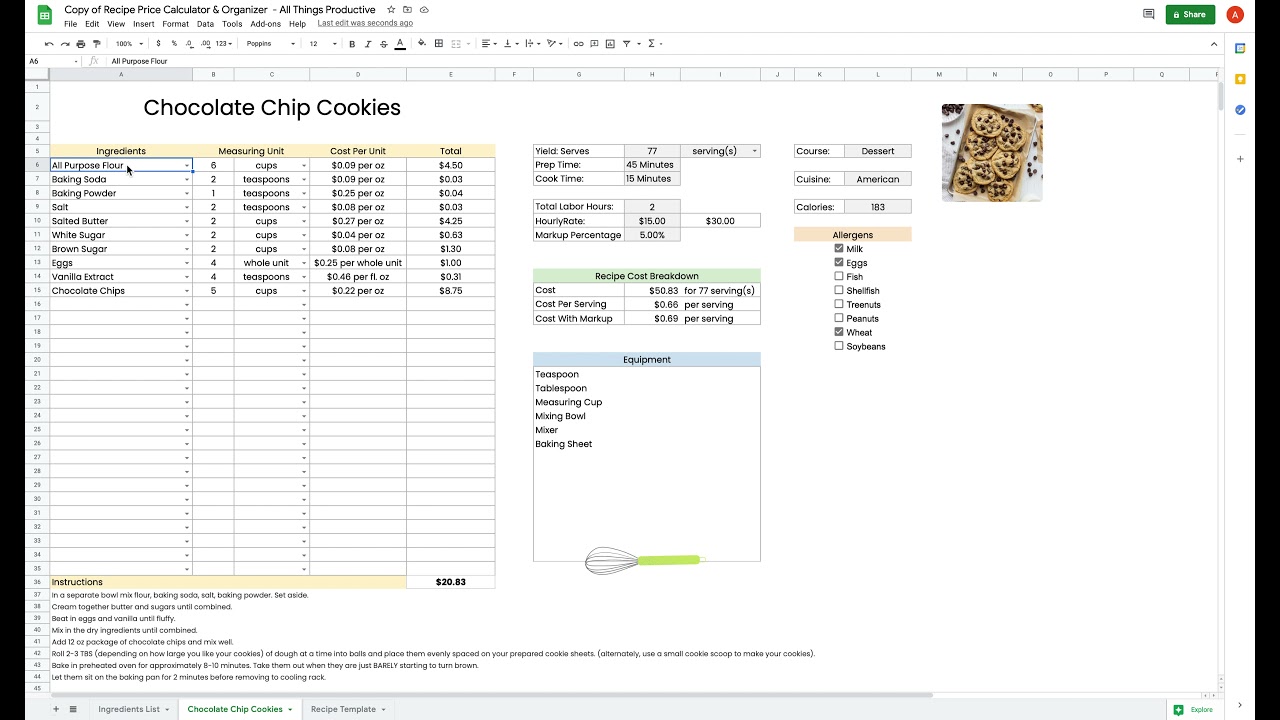Bakery/Recipe Cost Calculator