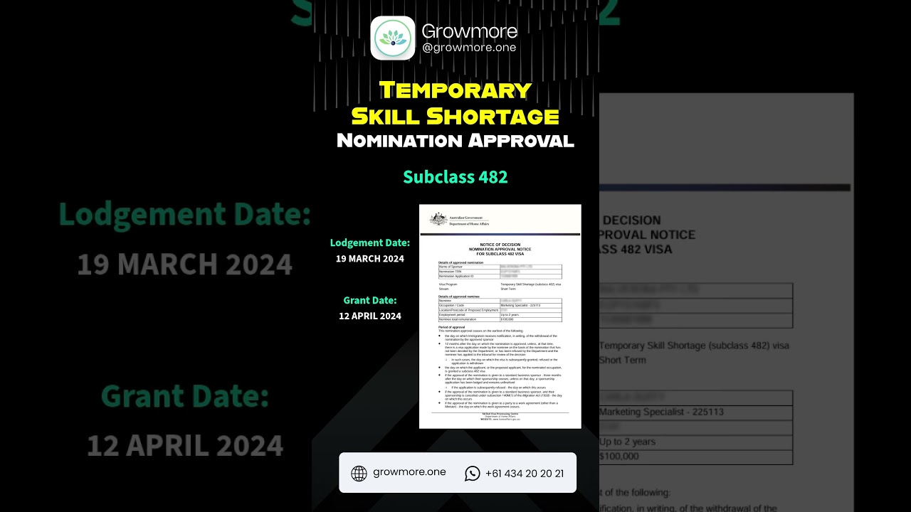 Temporary  Skill Shortage Nomination | Approval (Subclass 482)