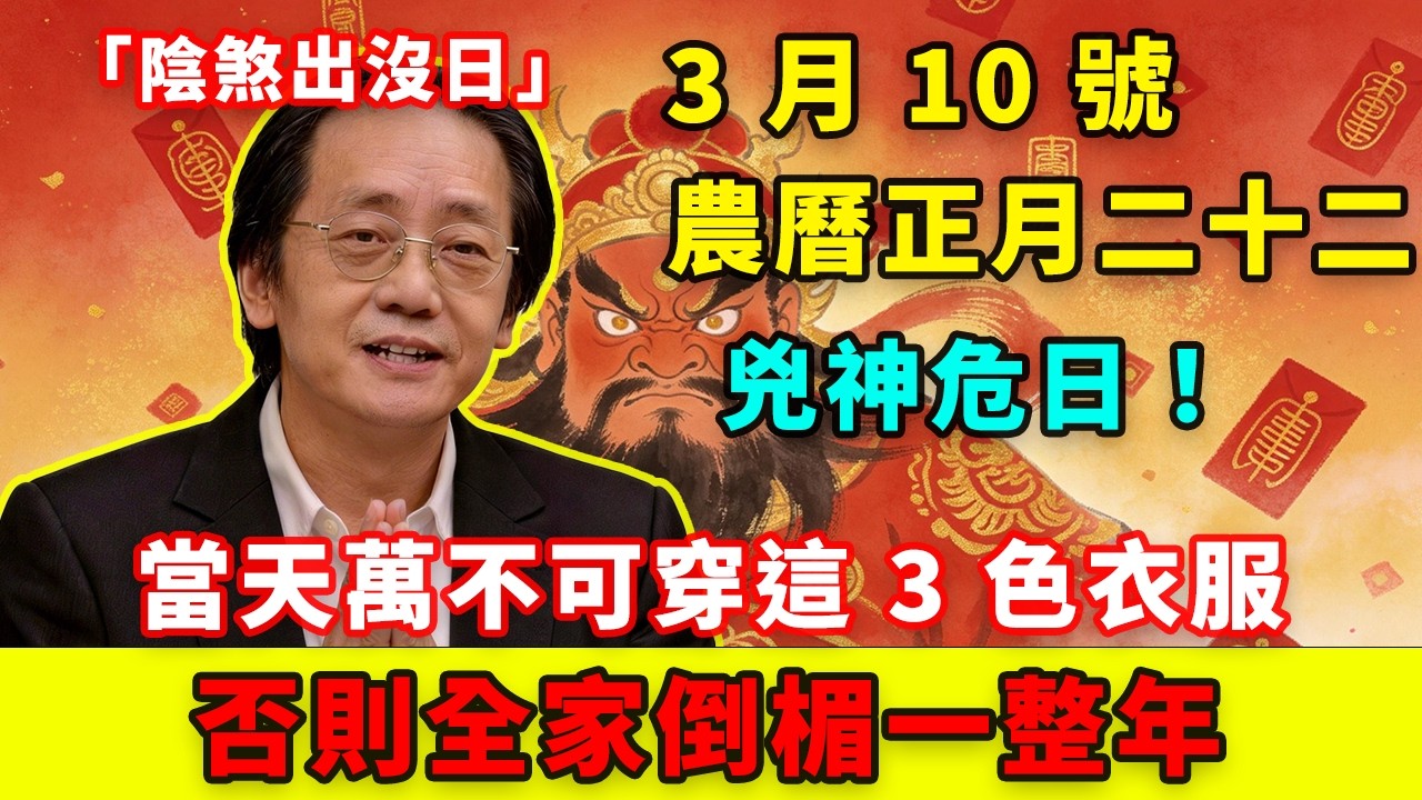 兇神危日！3 月 10 號，農曆正月二十二，「陰煞出沒日」，當天萬不可穿這 3 色衣服，一旦穿錯，霉運纏身！否則全家倒楣一整年！