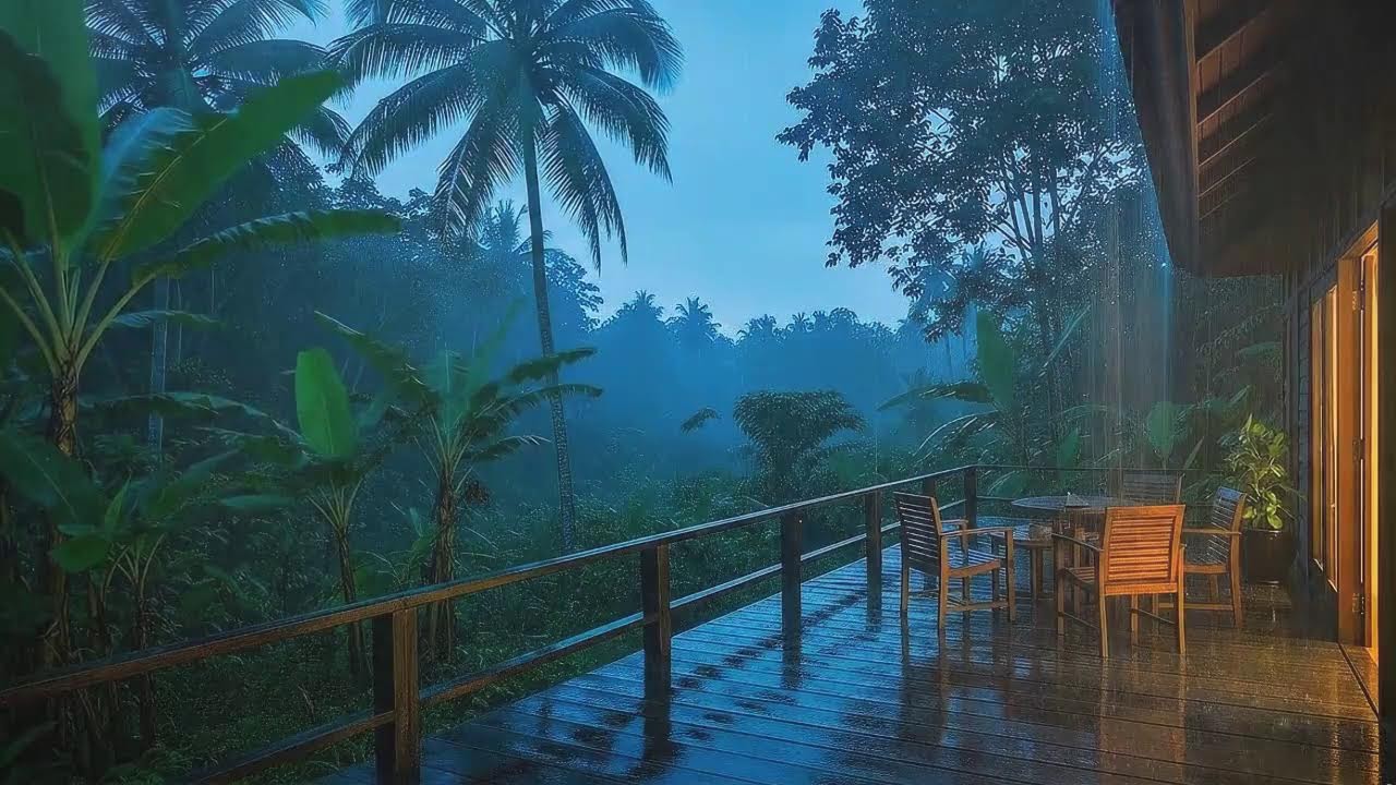 Deep Sleep Tonight with Steady Rain and Rolling Thunder at Wooden Cabin Terrace 🌧️