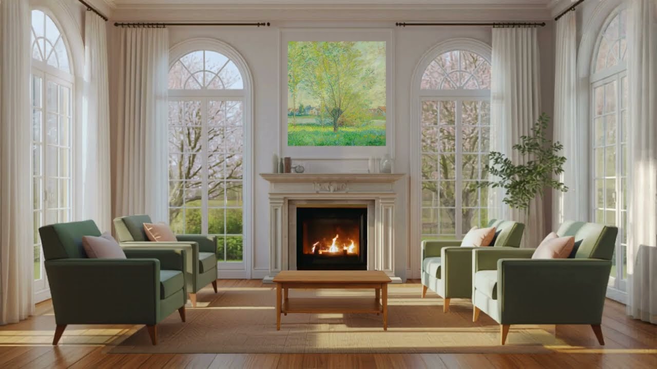 TV AMBIENCE - COZY MODERN SPRING LIVING ROOM WITH FIREPLACE & SOUND - SIMPLE LIVING - 4K